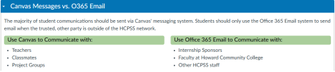 The majority of student communications should be sent via Canvas' messaging system. Students should only use the Office 365 Email system to send email when the trusted, other party is outside of the HCPSS network. Use Canvas to Communicate with: Teachers, Classmates, Project Groups. Use Office 365 Email to Communicate with: Internship Sponsors, Faculty at Howard Community College, Other HCPSS staff.